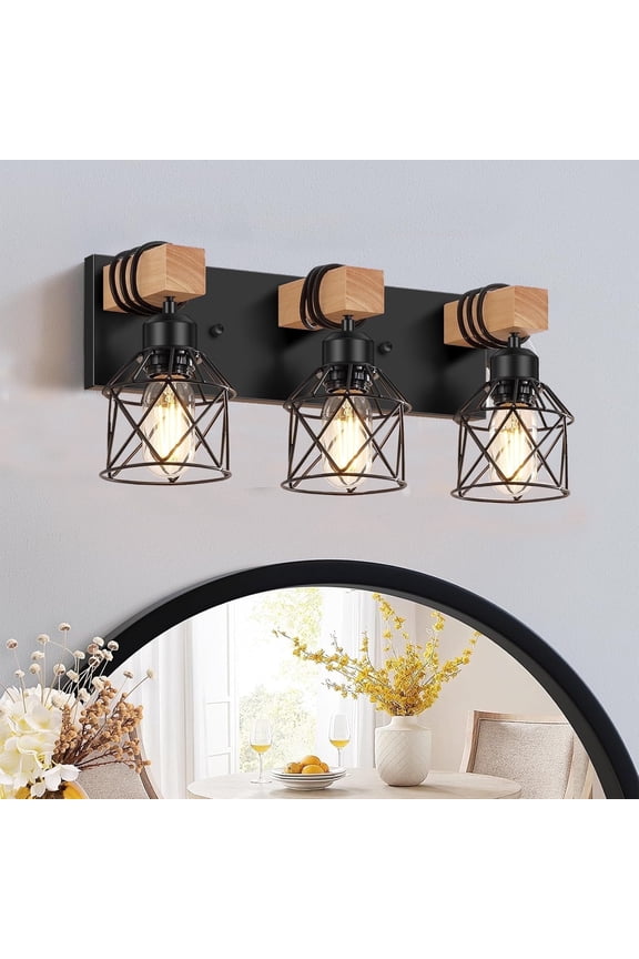 3-Light Matte Black Dimmable LED Vanity Light with Metal Cage