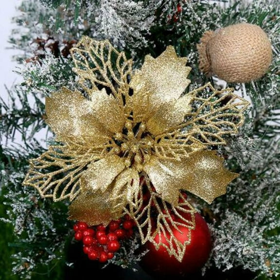 Luolandi 1/5pc 11cm Glitter Christmas Flowers Mini Artificial Poinsettia Flower Head Xmas Tree Ornament DIY Wreath Navidad New Year Gifts Gold 1pc