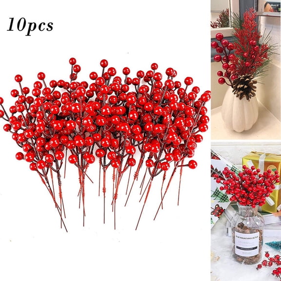 Luolandi 10Pcs Mini Plastic Red Berries Stems Red Berry Artificia Red Berries Flowers Decora Craft Holiday Home Decoration