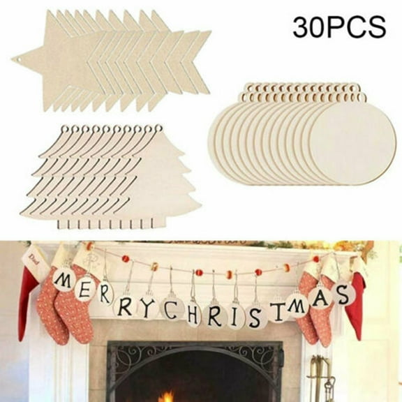 Luolandi 30pcs DIY Wooden Christmas Balls Decoration Round Craft Baubles Tags Hanging Ornament For Home Christmas New Year Event Festival A