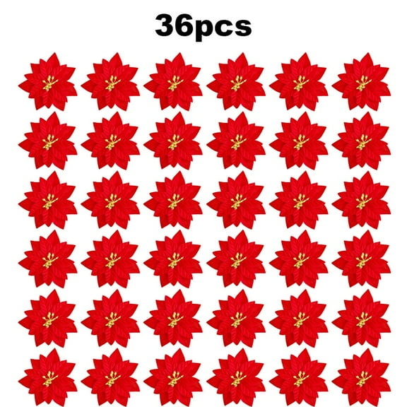 Luolandi 36pcs Red Artificial Poinsettia Flowers with Glitter for Tree and Wreath Flocking Flower B