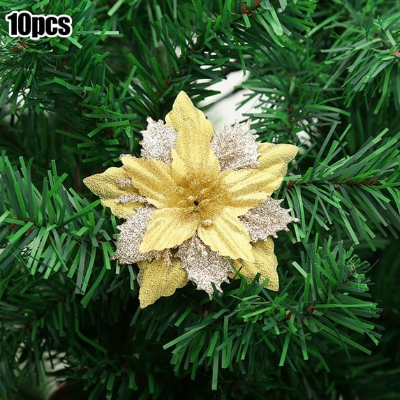 Luolandi Christmas Flowers Poinsettia Simulation Xmas Decoration 10pcs 9cm Home champagne gold