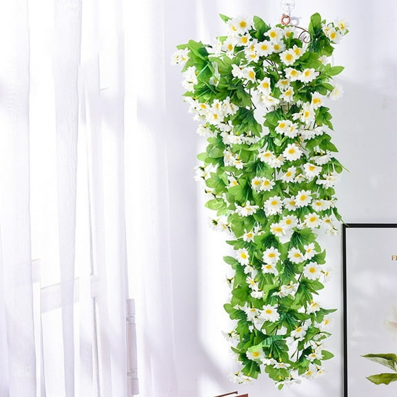 Luolandi Decor Artificial Ivy Leaf Garland Plants Vine Fake Foliage Flowers Creeper Green Ivy Wreath Small Chrysanthemum Wall Hanging White