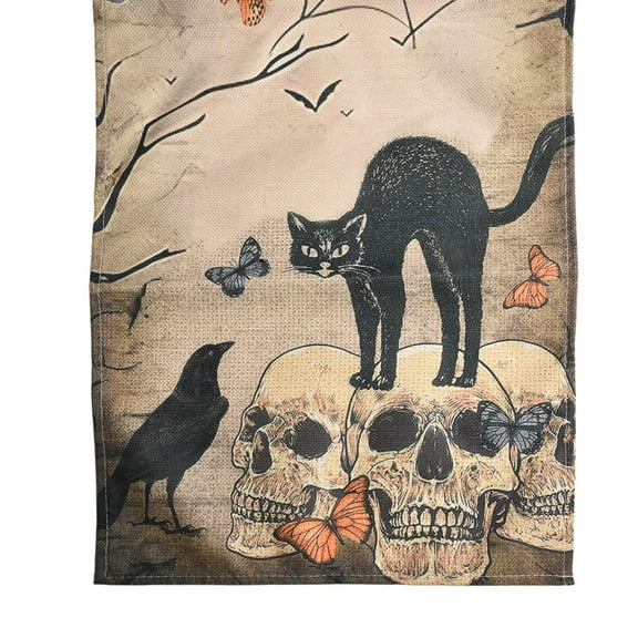 Luolandi Eerie Halloween Table Runner showcasing Pumpkin Spider Web and Skull Figures F