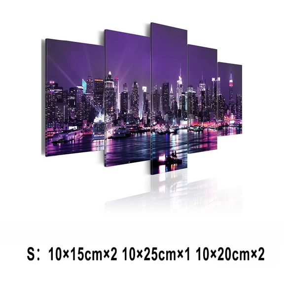 Luolandi Modern City Night View Art 5Pcs Set Canvas Wall Poster Home Room Decor Purple S