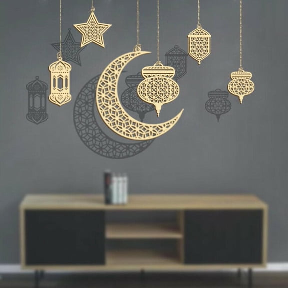Luolandi Ramadan Lantern Eid Mubarak Wooden Ornament Muslim Party Hanging Decor Supply