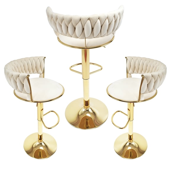 Luonavei Modern Gold Velvet Bar Stools - Set of 3 Counter Height Barstools with Swivel, Adjustable Height, and Backs. Stylish Metal Tall Kitchen Bar Chairs for Home, Bar, Island (Beige, 3pcs)