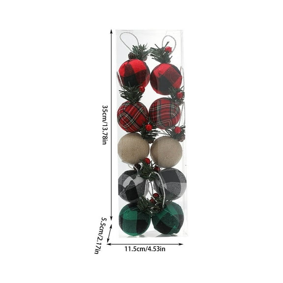 Luoshdecor 10 Pcs Christmas Plaid Ball Ornaments,Black & Red Plaid Fabric Ball with Pine Cones and Greenery,for Xmas Trees Holiday Decorations 2.1 in