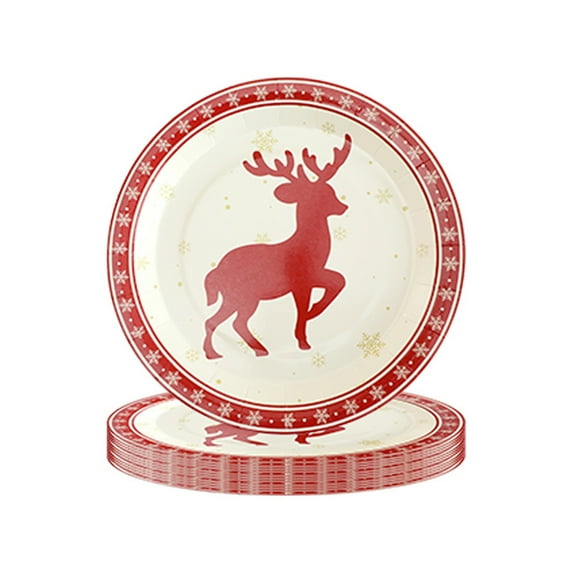 Luoshdecor 10Pcs Christmas Paper Plates, 7in Disposable Paper Xmas Tree Reindeer Party Plates for Xmas Holiday Party Supplies Dishware