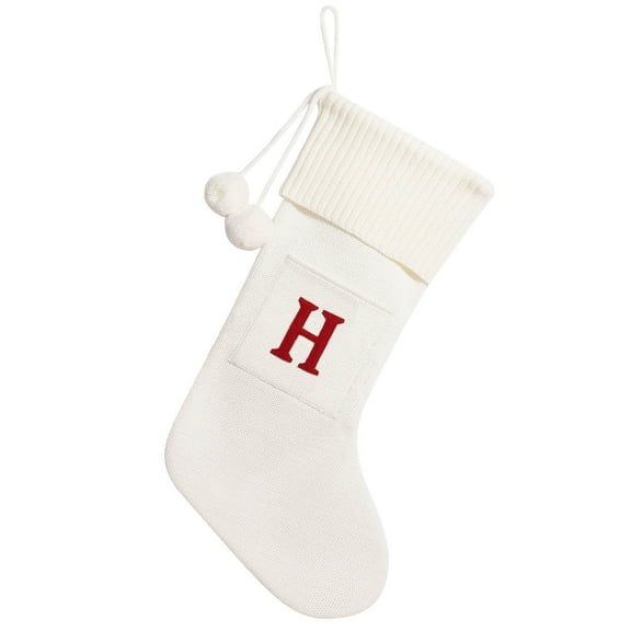 Luoshdecor 16.5in Large Red Stocking,Initial Letter Knit Embroidered Stockings Soft Cuff with 2 Plush Cherries Ball for for Fireplace or Party Decoration (H)