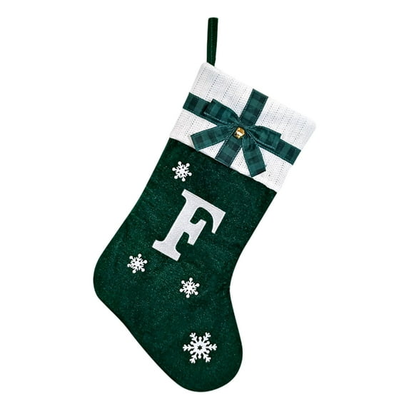 Luoshdecor 18 inch Green Christmas Stockings,Soft Knit Cuff Velvet Christmas Stockings with Plaid Bow,White Alphabet Embroidered Christmas Stocking for Home Hanging Christmas Party Favor (F)