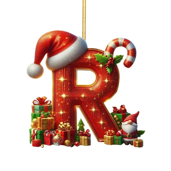 Luoshdecor 26 Letter Ornaments Christmas Tree Decoration,Christmas Letter Tree Hanging Pendant with v Xmas Hat,Cute Alphabet for DIY Craft Ornaments (R) 3.1in