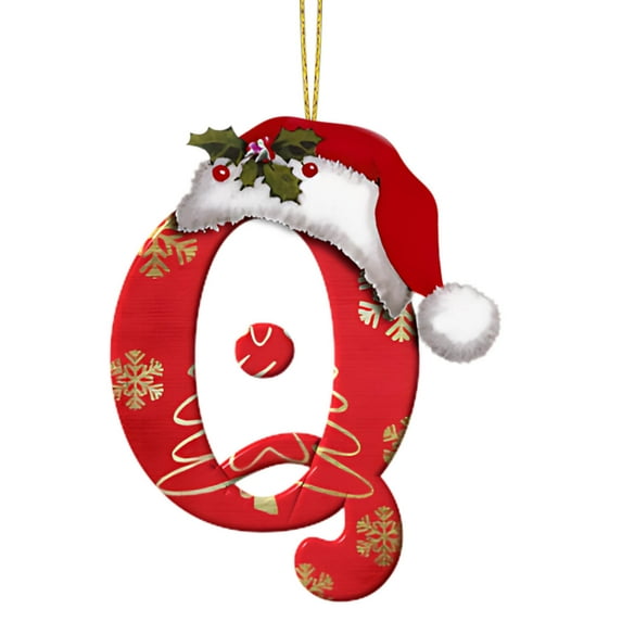 Luoshdecor 26 Letter Ornaments Christmas Tree Hanging,Cute Xmas Hat Christmas Letter with Gold snowflakes Tree Hanging Decor Xmas Alphabet for DIY Craft Ornaments (Q)