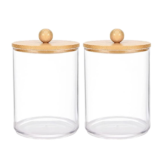 Luoshdecor 2Pcs Qtip Dispensers Holders With Wood Lid,Clear Bathroom Round Countertop Storage Organizer Canister for Cotton Swab, Ball, Pads, Floss
