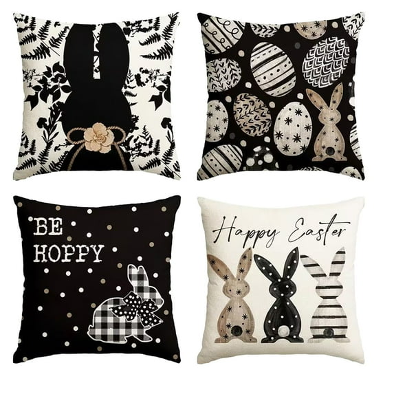 Luoshdecor 4-Pack Easter Throw Pillow Covers,Spring Plush Rabbit & Egg Pattern Throw Pillowcase Set for Sofa, Couch & Holiday Decor