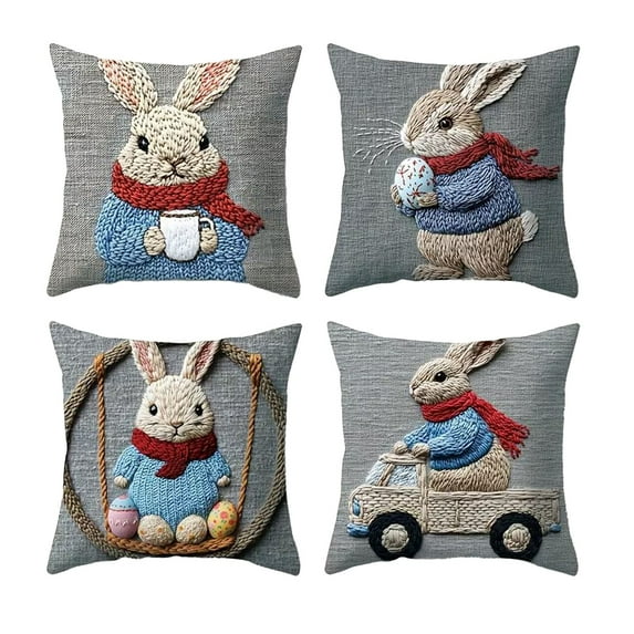 Luoshdecor 4-Pack Easter Throw Pillow Covers,Spring Plush Rabbit & Egg Pattern Throw Pillowcase Set for Sofa, Couch & Holiday Decor