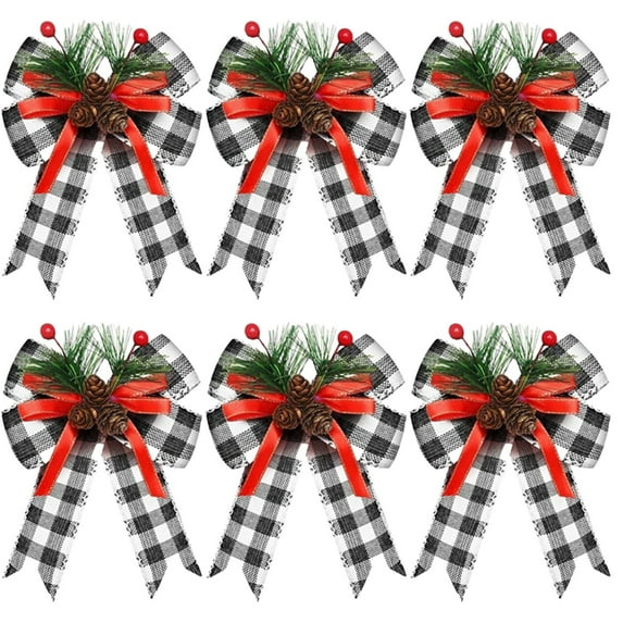 Luoshdecor 6 Pcs Christmas Bows with Pinecone Berries,Decorative Winter Xmas Tree Checked Bow for Xmas Tree Indoor Wall Decoration Supplies Ornament 5.9x5.1in