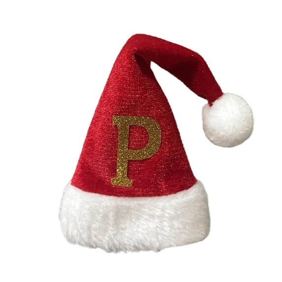 Luoshdecor 7.2in Monogram Christmas Santa Hats Tree Hanging, Red Velvet Hat with Gold Embroidered Letter Hats Letter Xmas Tree Decorations for Family Holiday Decor(P)