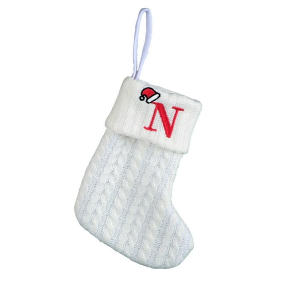 Luoshdecor 7.8in Mini Christmas Stocking,White Knit Monogram Embroidered Christmas Stocking Decorations,Xmas Stocking for Family Holiday Xmas Tree Decor (N)