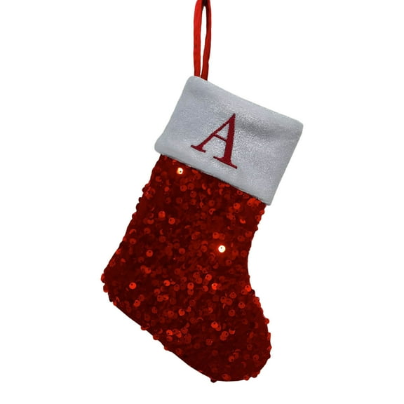 Luoshdecor 7.8inch Christmas Stocking Initial Monogram Embroidered ,Glitter Sequins Xmas Stockings with White Cuff, for Holiday Xmas Tree Fireplace Decor (A)