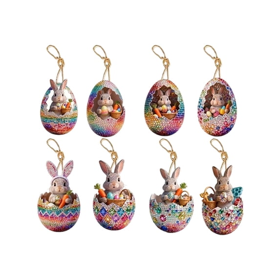 Luoshdecor 8Pcs Easter Eggs Hanging Ornaments,Wooden Hanging Easter Egg Ornaments for Tree, Home Garden Decoration