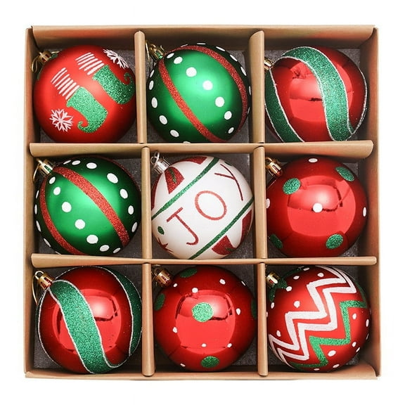 Luoshdecor 9Pcs Christmas Ball Ornaments,Red Green White Polka Dots Stripes Ornament Shatterproof Xmas Baubles for Tree Home Wreath Party Decor 3.15 in