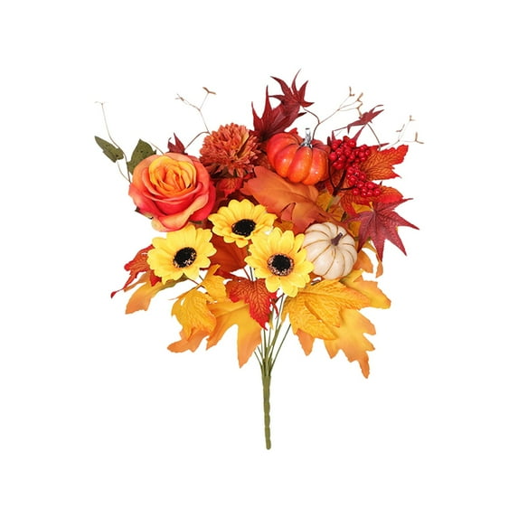 Luoshdecor Artificial Fall Flowers Stem , Fake Sunflowers Bouquet with Pumpkin Maple Leaves,Vase Decorations for Harvest Holiday Thanksgiving Indoor