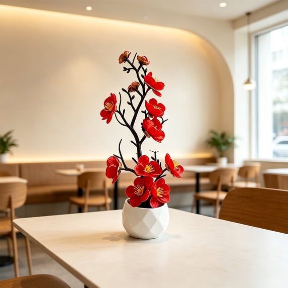 Luoshdecor Artificial Orchid Pots,Fake Blossom Flower in Vase,Indoor Decor for Office,Home,Living Room Tabletop Centerpiece,Red