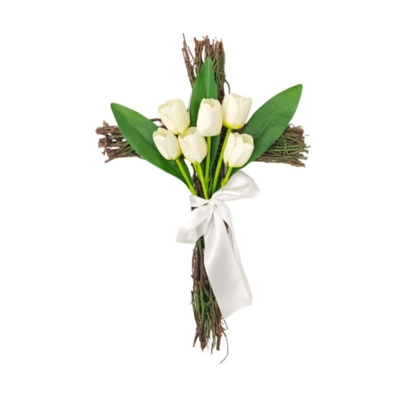Luoshdecor Artificial Tulip Easter Cross Wreath - Spring Summer Door Hanging Decor with Pastel Flowers