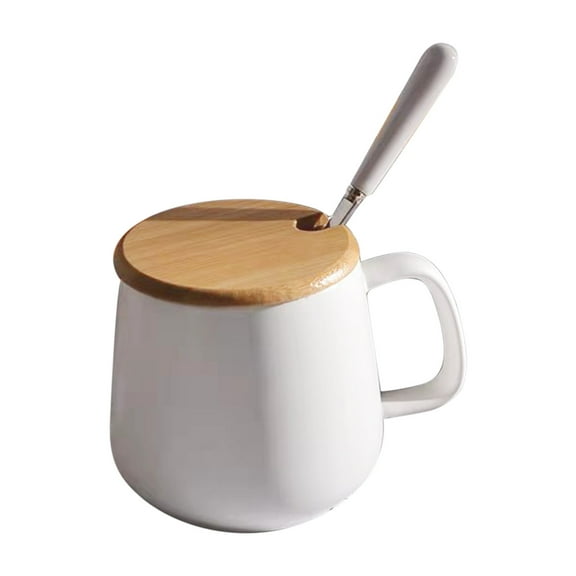 Luoshdecor Ceramic Coffee Mug Set,Tea Cup with Wood Lid and Spoon, Gifts for Fathers Day,Birthday