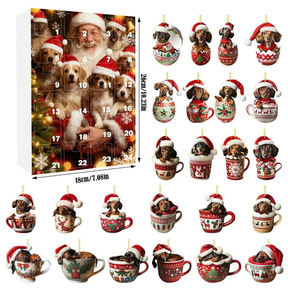 Luoshdecor Christmas Advent Calendars,24 Days Cute Tea Cup Dachshund Ornament,Christmas Gift for Tree Home Decor