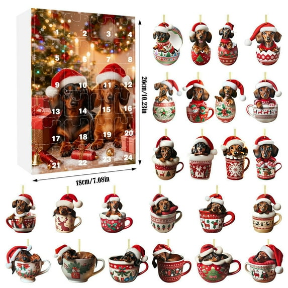 Luoshdecor Christmas Advent Calendars,24 Days Cute Tea Cup Dachshund Ornament,Christmas Gift for Tree Home Decor
