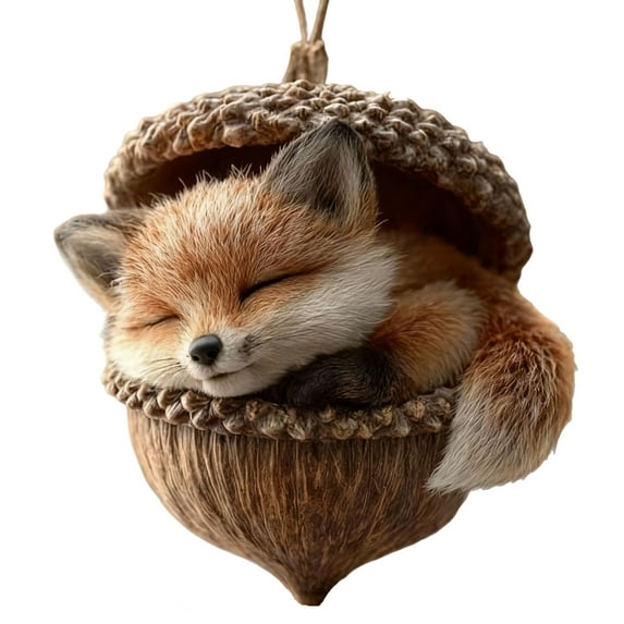 Luoshdecor Christmas Animal Ornament Gifts,3D Resin Cute Fox Sleep in Acorns Hanging Decoration for Tree Party Decor 3.1 in