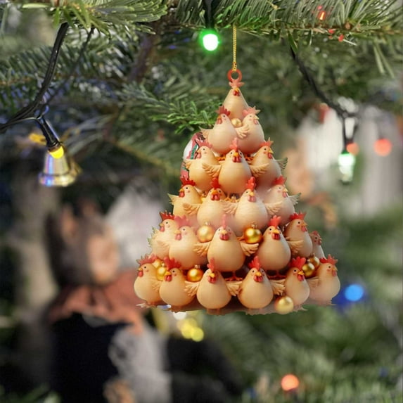 Luoshdecor Christmas Animal Pendant, Cute Chicken Tree Shape Ornaments,Acrylic Xmas Tree Hanging for New Year Fireplace, Indoor Christmas Party Decor
