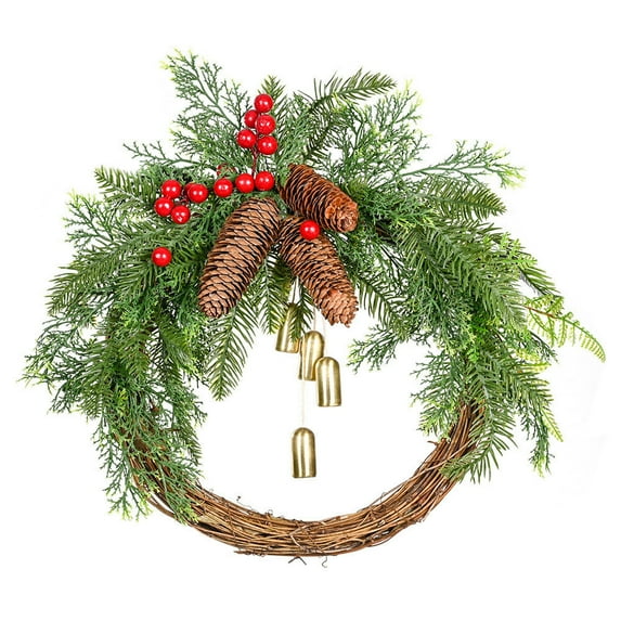 Luoshdecor Christmas Berries Bell Wreaths for Front Door, Artificial Farmhouse Xmas Wreaths with Bowknot Pinecone for Christmas Window Indoors Outdoors Decor