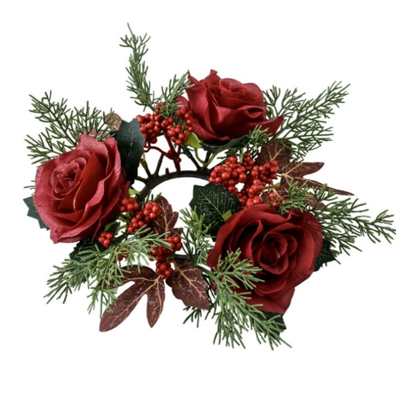 Luoshdecor Christmas Candle Rings Wreaths,Berry Red Rose Candle Wreaths Rings Table Centerpieces Candle Holder for Christmas Wedding Party Fireplace Decor 11.8 in