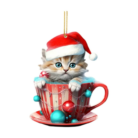 Luoshdecor Christmas Cat in Mug Ornament , Acrylic Cute Holiday Teacup Cat Hanging Ornaments for Home Decor Party Christmas Tree Decor