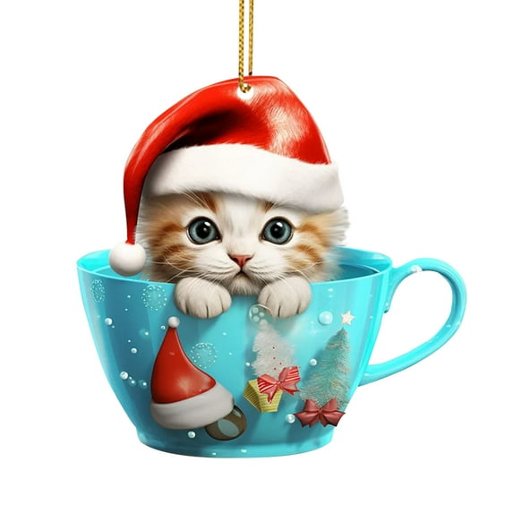 Luoshdecor Christmas Cat in Mug Ornament , Acrylic Cute Holiday Teacup Cat Hanging Ornaments for Home Holiday Decor Party Christmas Tree Decor