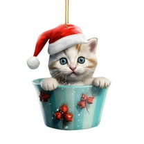 Luoshdecor Christmas Cat in Mug Ornament , Acrylic Cute Holiday Teacup Cat Hanging Ornaments for Home Holiday Decor Party Christmas Tree Decor