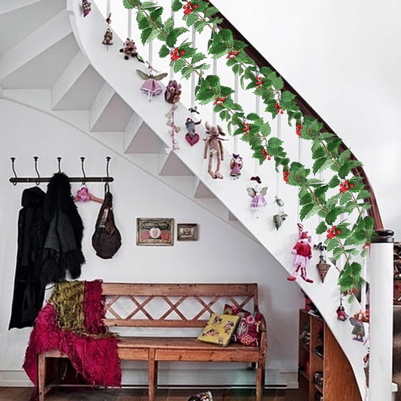 Luoshdecor Christmas Eucalyptus Garland,Artificial Berry Holly Leaves Plant Faux Greenery Garlands,Winter Vines for Stairs Mantel Table Fireplace Home Decor 68.9 in
