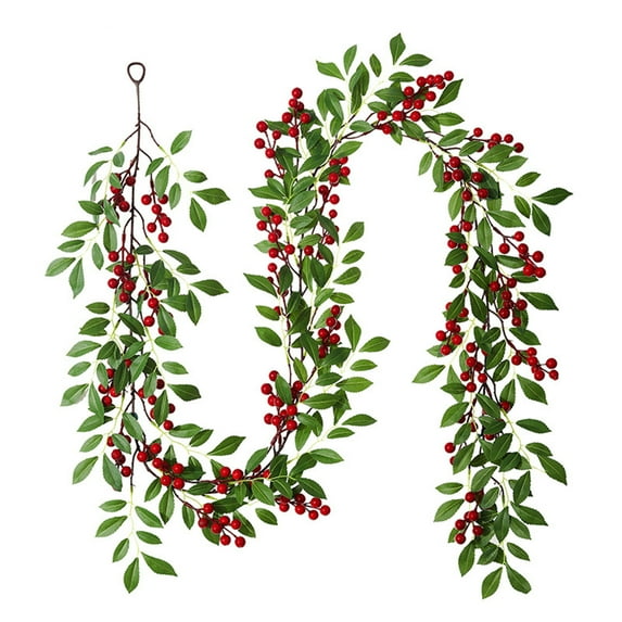Luoshdecor Christmas Garland,78 in Artificial Holly Leaves Red Berry Garland for Indoor Home Winter Xmas Holiday Fireplace Stairs Decoration