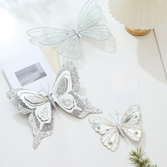 Luoshdecor Christmas Glitter Butterfly Ornament,Sliver Christmas Tree Double-layer Butterfly Decorations for Xmas Tree Wreaths Party Wedding Decor