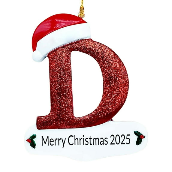 Luoshdecor Christmas Letter Ornaments 2025,Personalized Initial White Glitter Letters Hat Ornaments,Merry Christmas Pendant for Xmas Tree Wedding Home Decor (D)