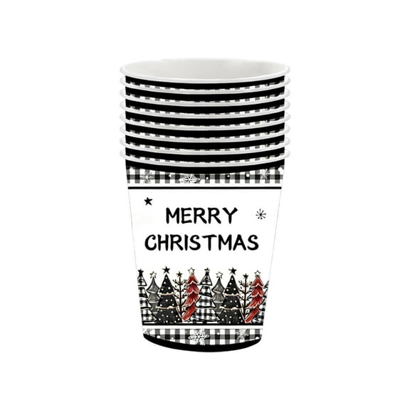 Luoshdecor Christmas Paper Cup,16 Pcs Black Plaid Disposable Snow Forest Cup for Winter Dinner Party Family Gatherings