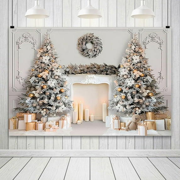 Luoshdecor Christmas Photo Backdrop, Fireplace Xmas and Xmas Tree Decoration Background Photoshoot Winter Backdrop Decorations for Family and Home Decor