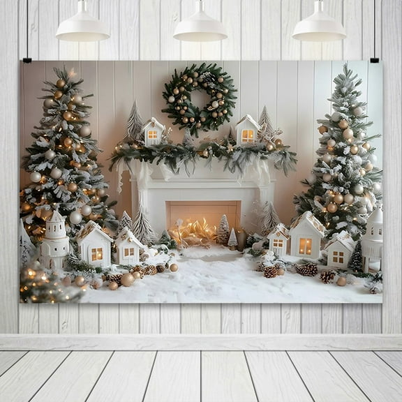 Luoshdecor Christmas Photography Backdrop,Fabric Xmas Fireplace Photo Backdrop Xmas Tree Gift Background Snow Holiday Decorations