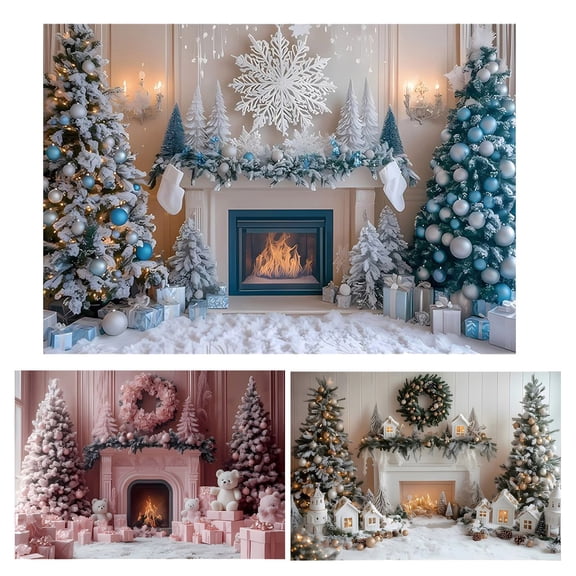 Luoshdecor Christmas Photography Backdrop,Fabric Xmas Fireplace Photo Backdrop Xmas Tree Gift Background Snow Holiday Decorations