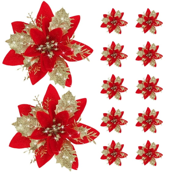 Luoshdecor Christmas Poinsettia Flower,Artificial Silk Shinning Plaid Poinsettia Flowers Decorations for Wedding Party Wreath Ornaments 5.7 in