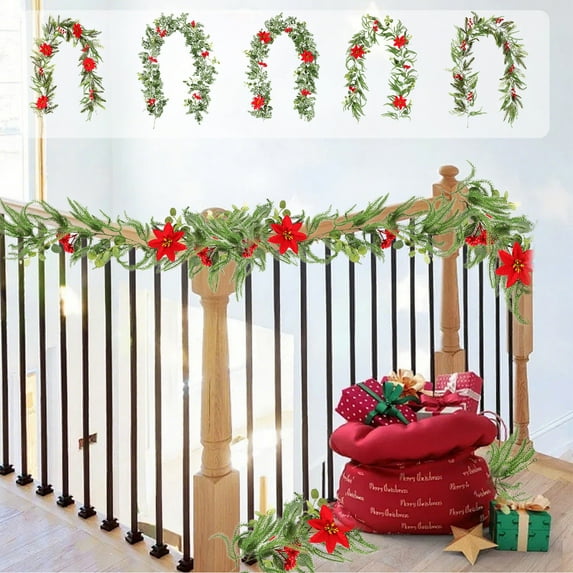 Luoshdecor Christmas Poinsettia Garland with Leaves,Artificial Pine Red Berries Garland for Garden Home Winter New Year Decorations 72.8 in