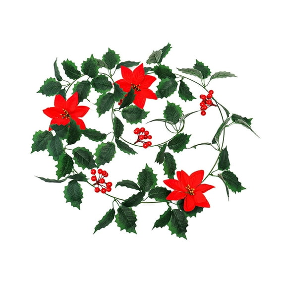 Luoshdecor Christmas Poinsettias Garland ,78.7 in Artificial Holly Red Berry Poinsettias Flowers Garlands for Xmas Tree Fireplace Indoor Home Decor